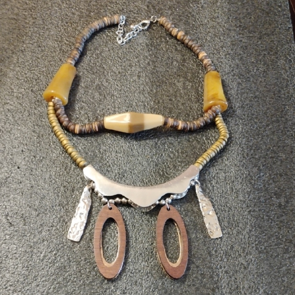 Silver and Brown Eclectic Necklace with Wooden Pendants